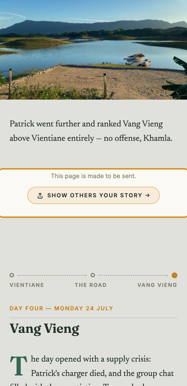 A storybook page on a phone: the share prompt, outlined, between two chapters