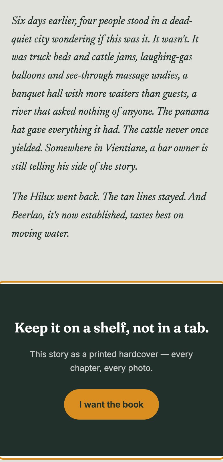 A storybook page on a phone: the closing hardcover offer, outlined, after the last lines